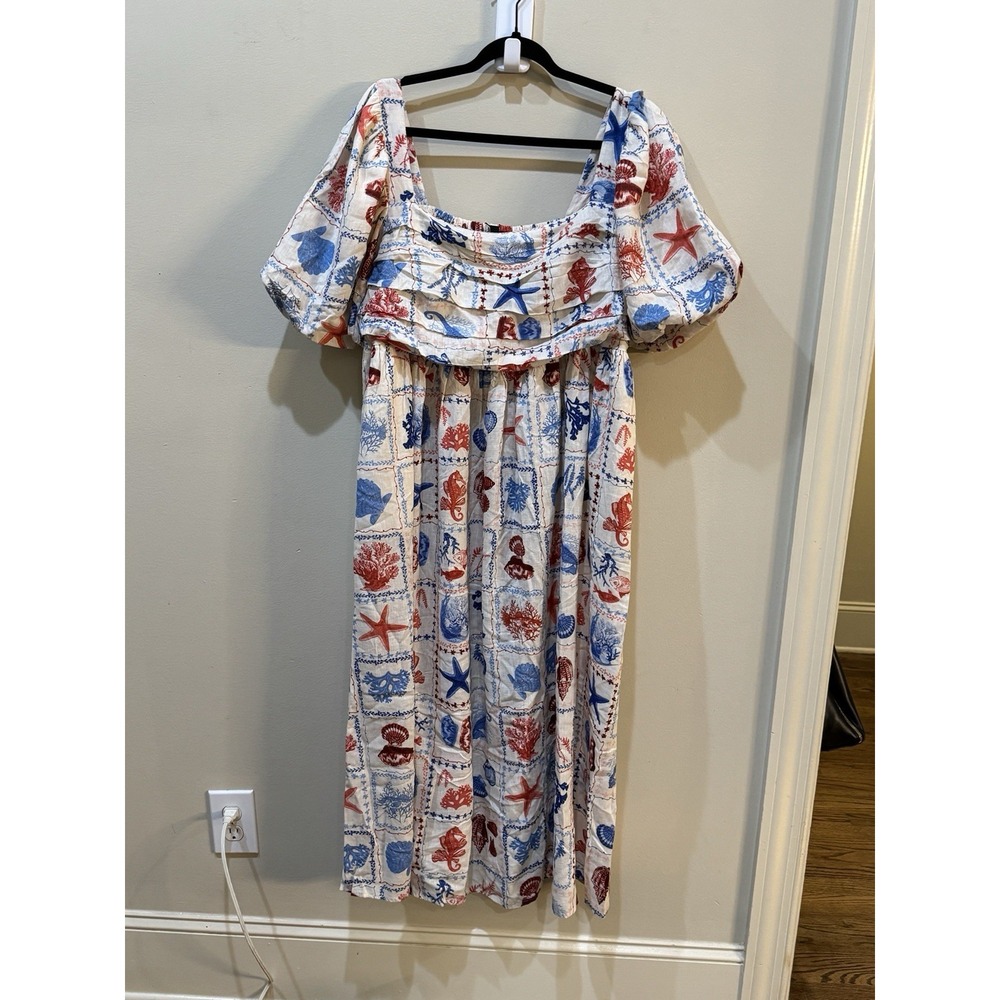 Nobody's Child Nova Print Puff Sleeve Maxi Dress Nautical Linen Beach Shells‎ - Picture 4 of 16